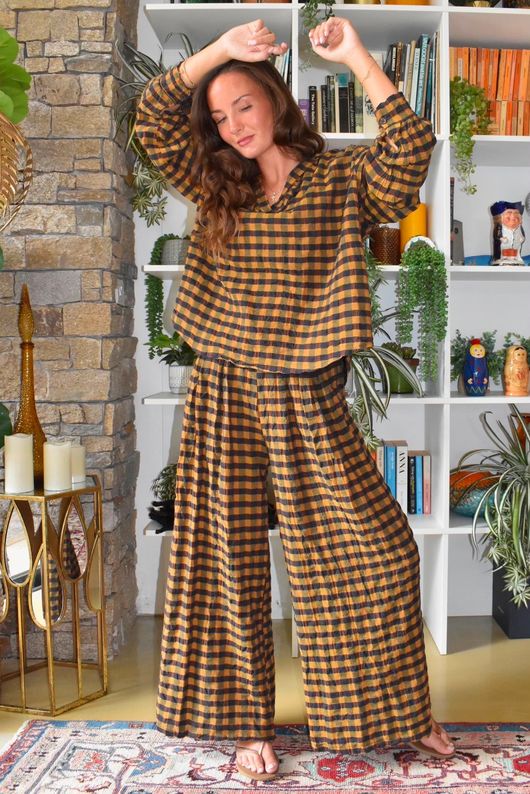 Bibi Gingham Frill Neck Shirt Ochre